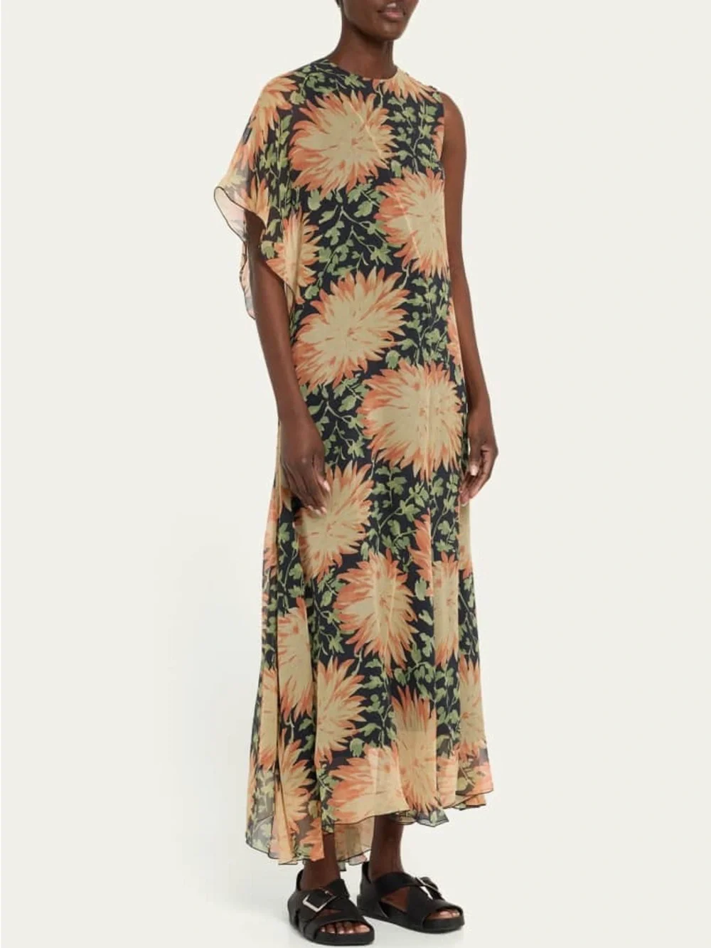 LOEWE Long Floral Print One-Sleeve Chiffon Silk Maxi Dress - Picture 16 of 16